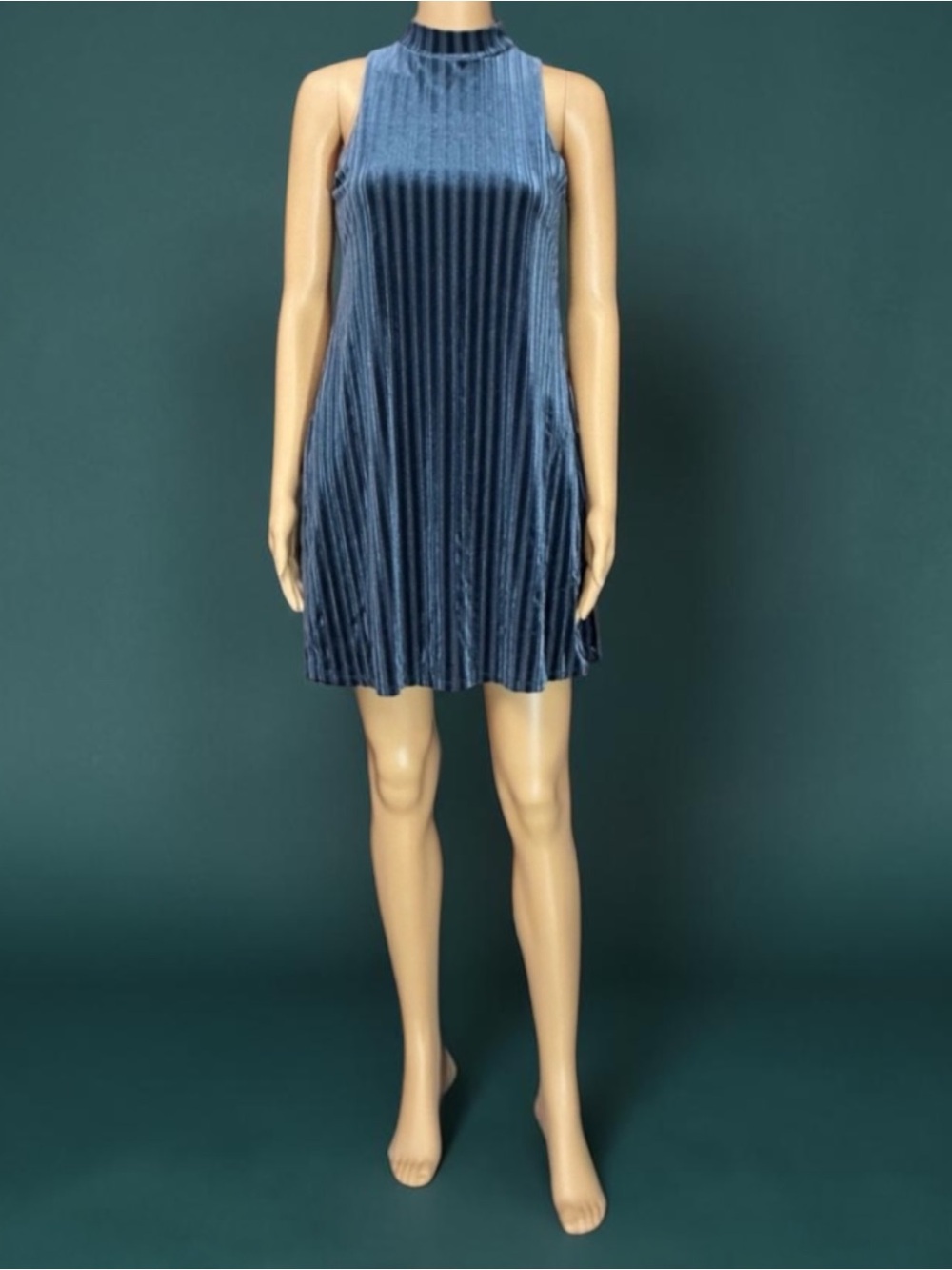 Mudd Navy Blue Velvet Ribbed A-Line Mock Sleeve Above the Knee Dress